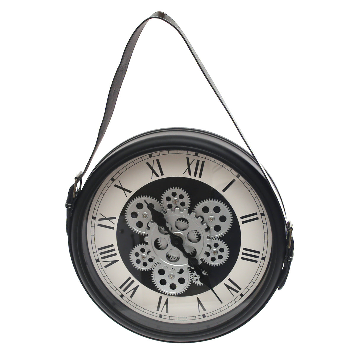 Industrial Gear Design Black & White Wall Clock with Hanging Strap (Model 191) - Habitt