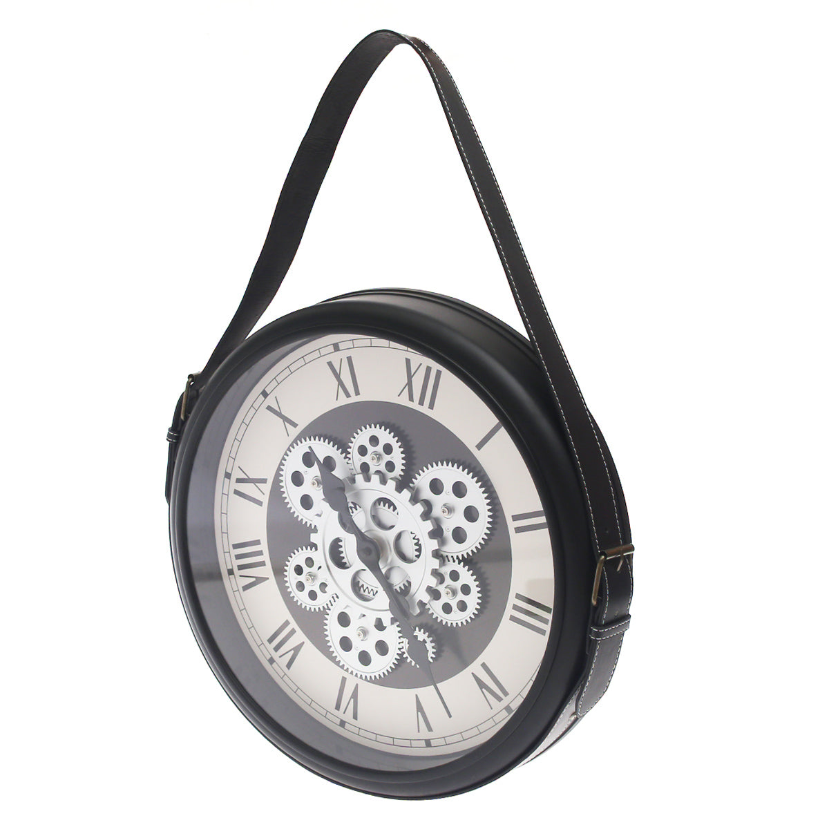Industrial Gear Design Black & White Wall Clock with Hanging Strap (Model 191) - Habitt