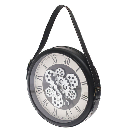 Industrial Gear Design Black & White Wall Clock with Hanging Strap (Model 191) - Habitt