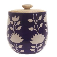Violet Bloom Naqshi Storage Jar – Handcrafted Wooden Jar with Blue & White Floral Naqshi Art - Habitt