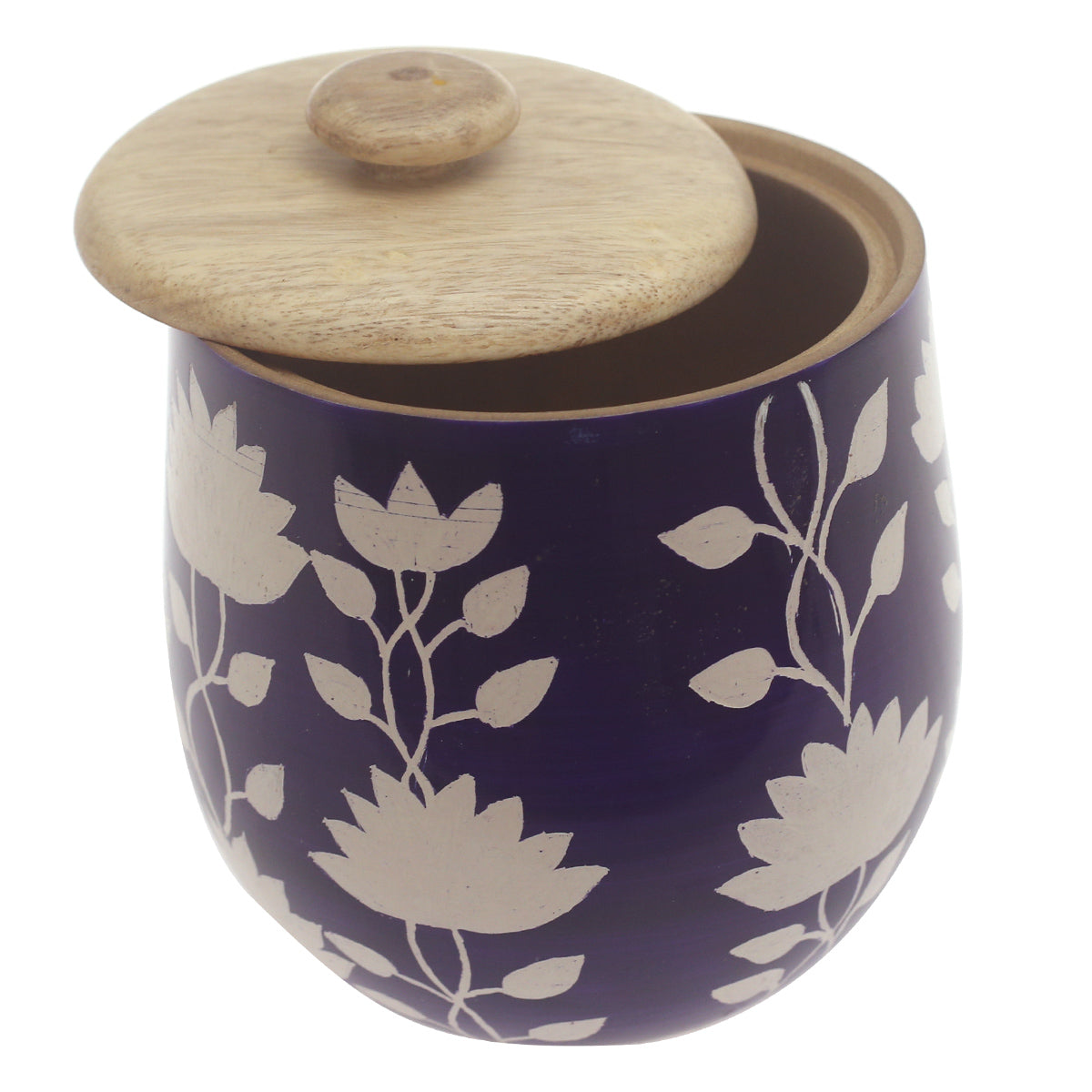 Violet Bloom Naqshi Storage Jar – Handcrafted Wooden Jar with Blue & White Floral Naqshi Art - Habitt