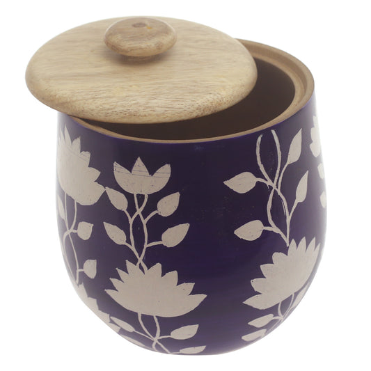 Violet Bloom Naqshi Storage Jar – Handcrafted Wooden Jar with Blue & White Floral Naqshi Art - Habitt