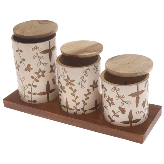 White & Gold Harmony 7Pcs Jar Set – Handcrafted Naqshi Art Wooden Storage Jars with Tray - Habitt