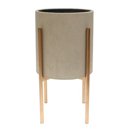 Grey Round Metal Planter with Gold Stand – Small - Habitt