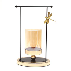 Gold & Black Frame Pillar Candle Holder with Dragonfly Accent – Large - Habitt