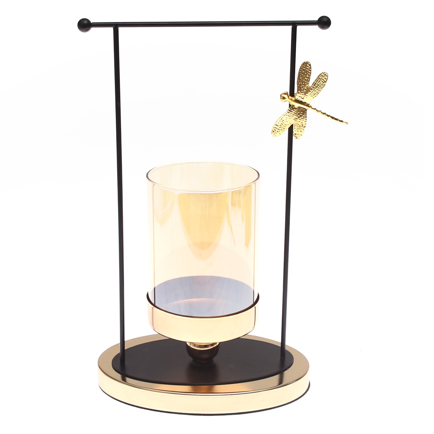 Gold & Black Frame Pillar Candle Holder with Dragonfly Accent – Large - Habitt