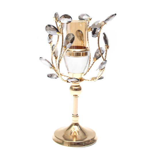 Gold & Grey Crystal Pillar Candle Holder – Small (12×34 cm) - Habitt