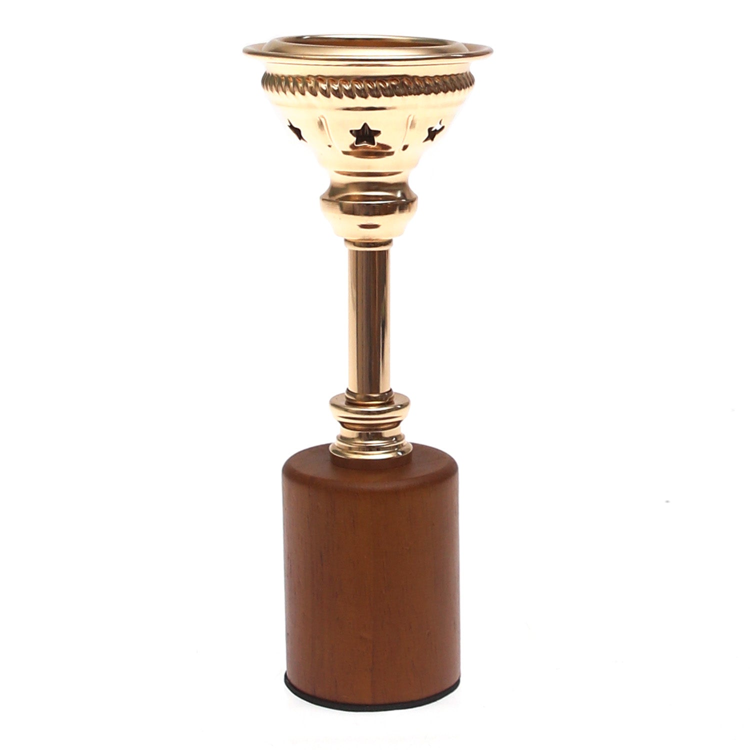 Brown Wood & Gold Pillar Candle Holder – Small - Habitt