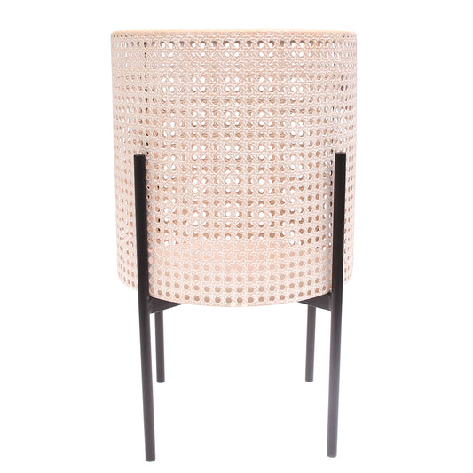 Round Hole Planter White & Beige – Large Decorative Cane-Style Pot with Stand - Habitt
