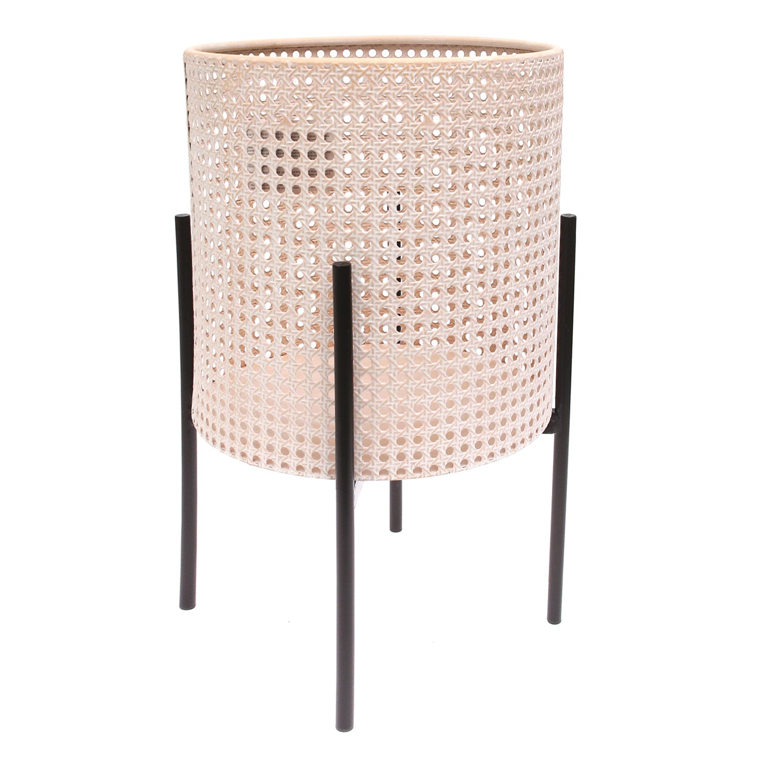 Round Hole Planter White & Beige – Large Decorative Cane-Style Pot with Stand - Habitt