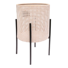 Round Hole Planter White & Beige – Large Decorative Cane-Style Pot with Stand - Habitt