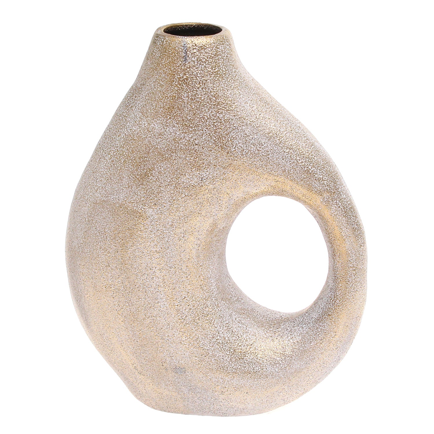 Grey & Gold Textured Sculptural Ceramic Vase – Modern Ring-Form Accent - Habitt