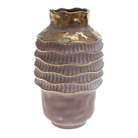 Grey & Golden Round Textured Ceramic Vase - Habitt