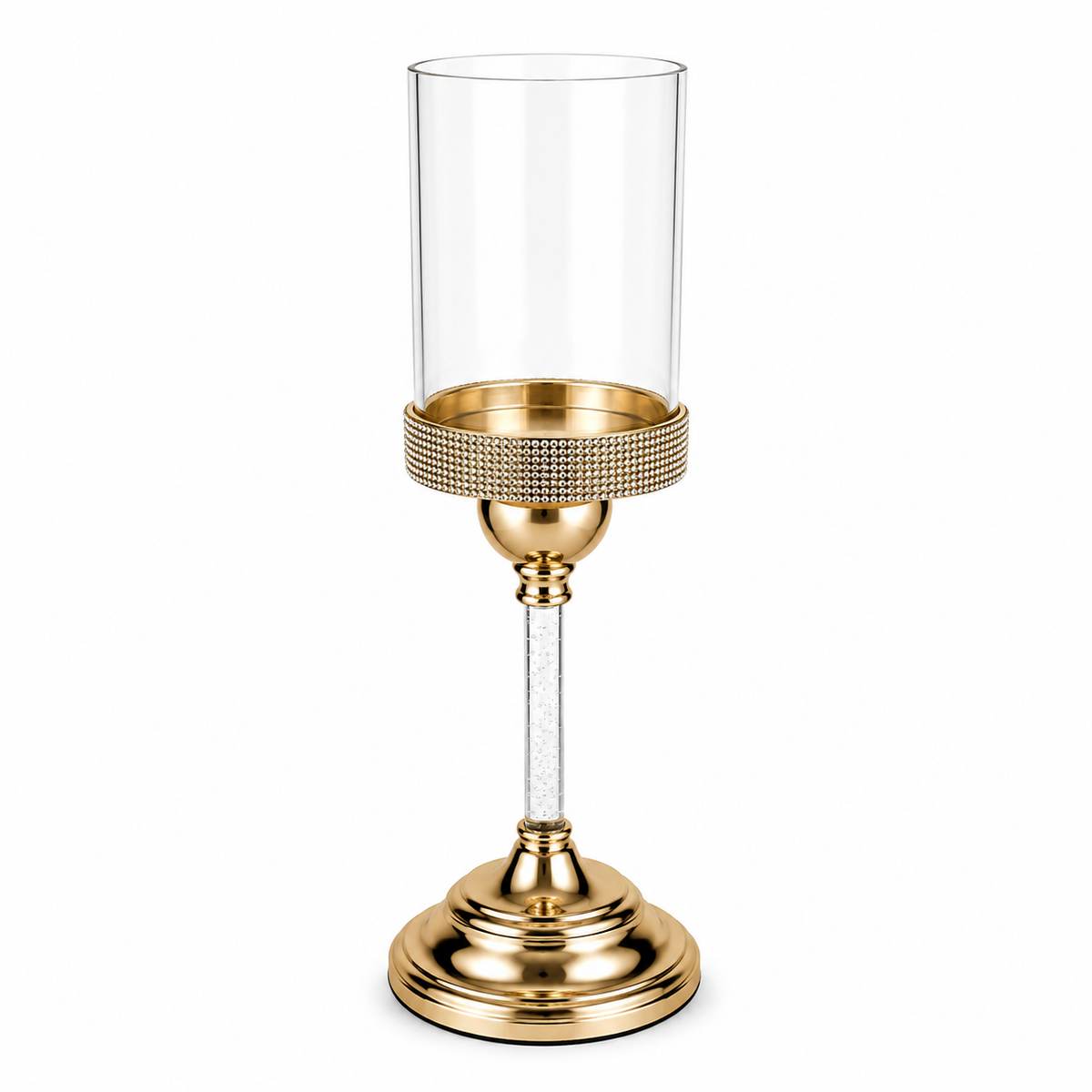 13 Inch Medium Gold Candle Stand with Clear Glass Hurricane – Decorative Candle Holder