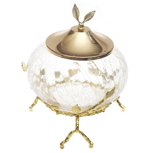 Gold Console Decorative Jar with Crackle Glass & Leaf Lid – 6 x 8 Inch Luxury Accent Piece - Habitt