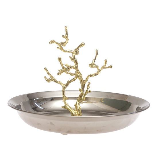 Large Silver Console Decorative Bowl with Gold Branch Accent – 9 x 7 Inch - Habitt
