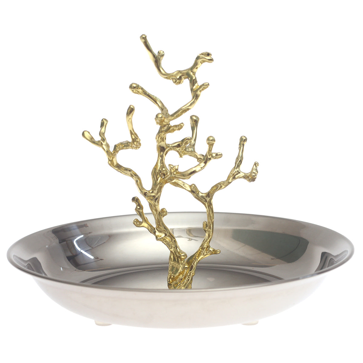 Small Silver Console Decorative Bowl with Gold Branch Sculpture –  8 x 8 x 6 Inch - Habitt