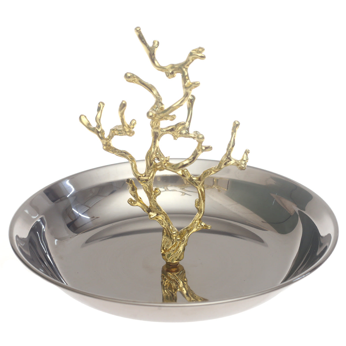 Small Silver Console Decorative Bowl with Gold Branch Sculpture –  8 x 8 x 6 Inch - Habitt