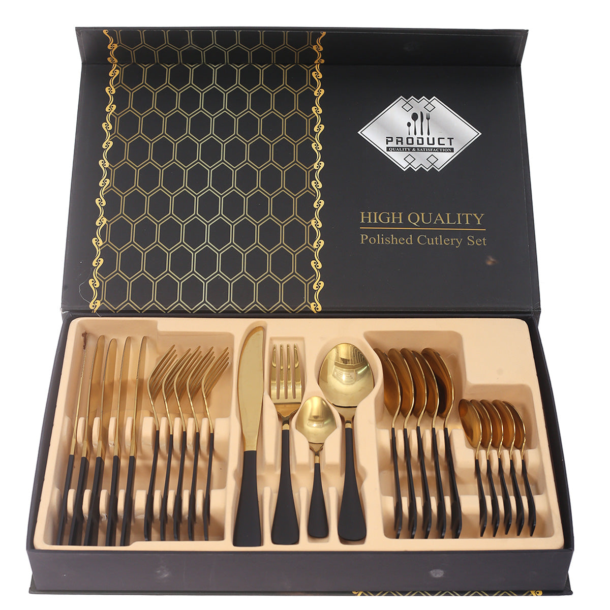 24Pcs Cutlery Set Black & Gold 16 X 10 X 2.5 Inch WS-001 - Habitt