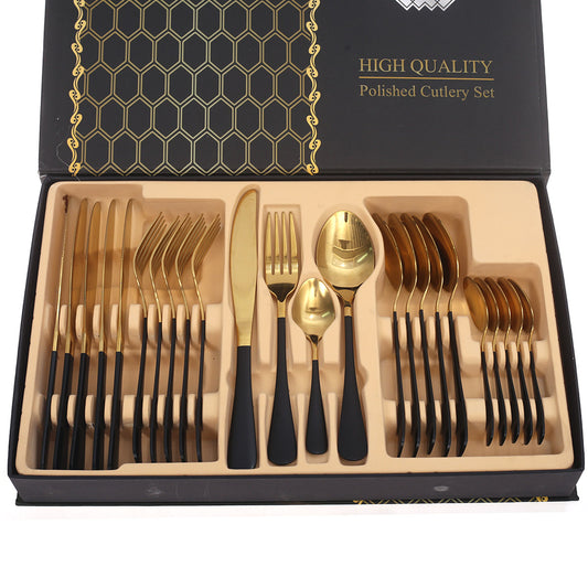 24Pcs Cutlery Set Black & Gold 16 X 10 X 2.5 Inch WS-001 - Habitt