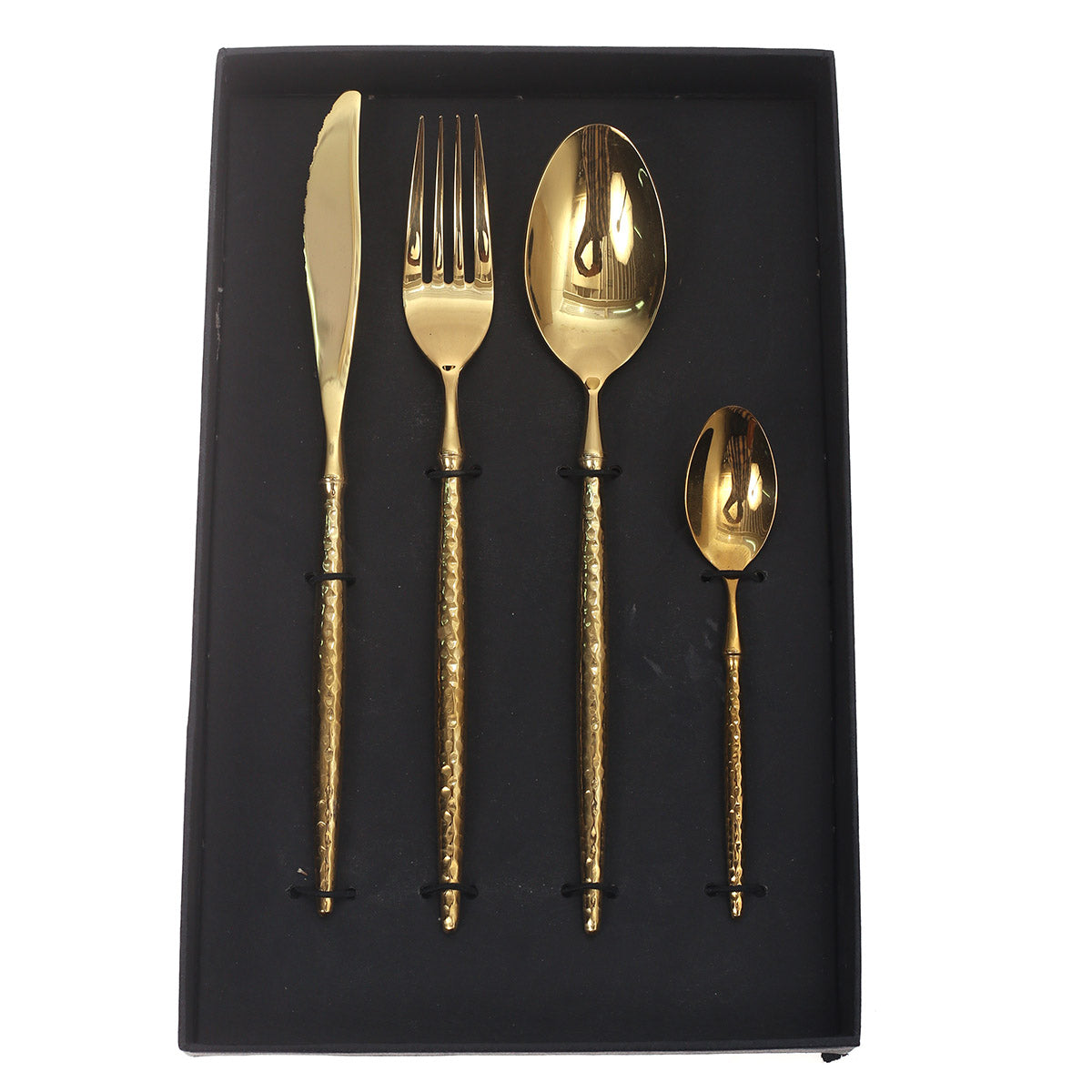 Luxury 4-Piece Gold Cutlery Set – Hammered Handle Design, Stainless Steel Flatware, Elegant Tableware Gift Box (11.25 x 7.5 x 1.5 Inch) - Habitt