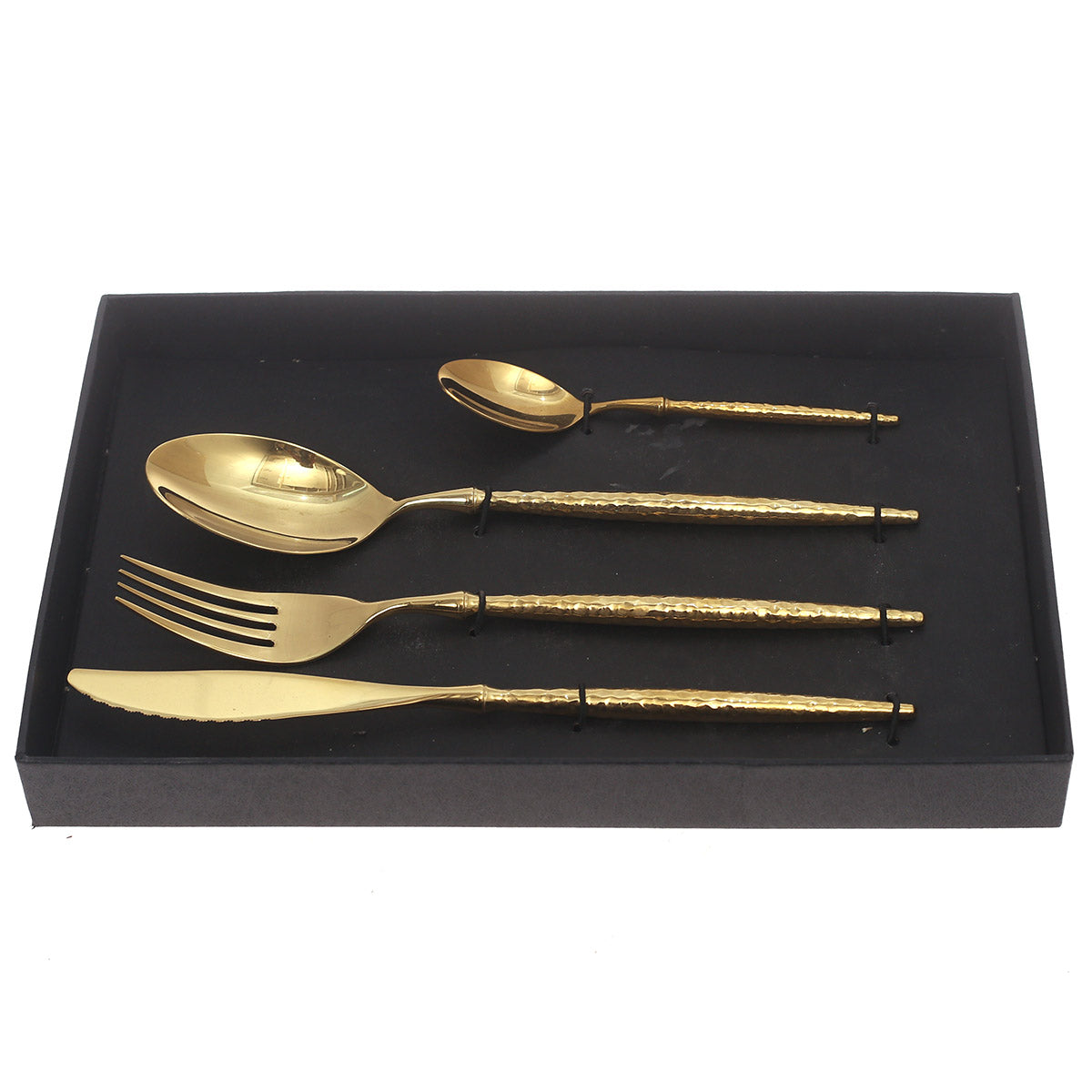 Luxury 4-Piece Gold Cutlery Set – Hammered Handle Design, Stainless Steel Flatware, Elegant Tableware Gift Box (11.25 x 7.5 x 1.5 Inch) - Habitt