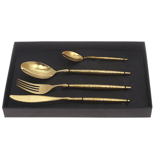 Luxury 4-Piece Gold Cutlery Set – Hammered Handle Design, Stainless Steel Flatware, Elegant Tableware Gift Box (11.25 x 7.5 x 1.5 Inch) - Habitt