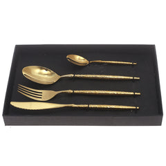 Luxury 4-Piece Gold Cutlery Set – Hammered Handle Design, Stainless Steel Flatware, Elegant Tableware Gift Box (11.25 x 7.5 x 1.5 Inch) - Habitt