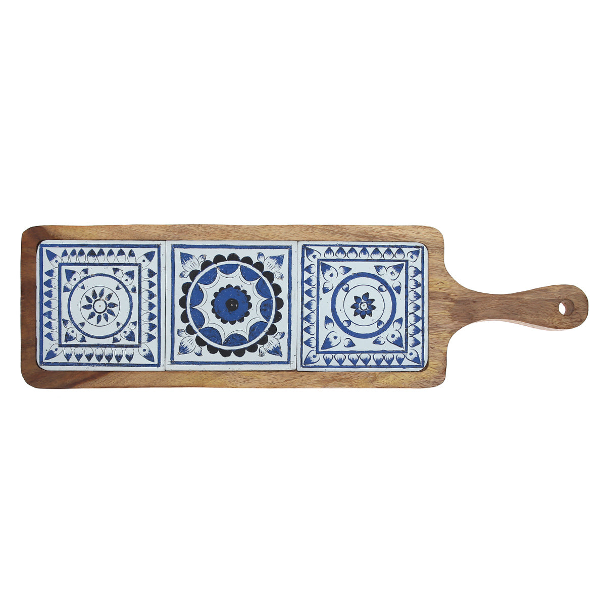 Long Wooden Serving Platter with Light Blue Ceramic Tiles – 17.5" x 5" - Habitt