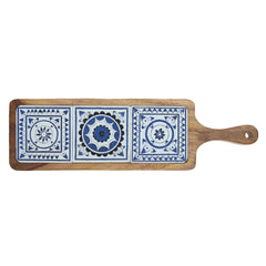 Long Wooden Serving Platter with Light Blue Ceramic Tiles – 17.5" x 5" - Habitt