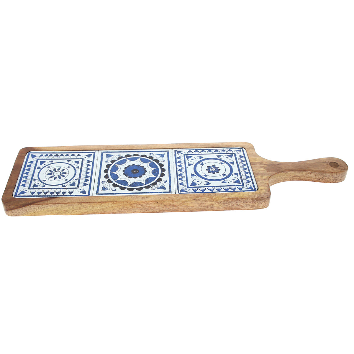 Long Wooden Serving Platter with Light Blue Ceramic Tiles – 17.5" x 5" - Habitt