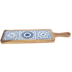 Long Wooden Serving Platter with Light Blue Ceramic Tiles – 17.5" x 5" - Habitt