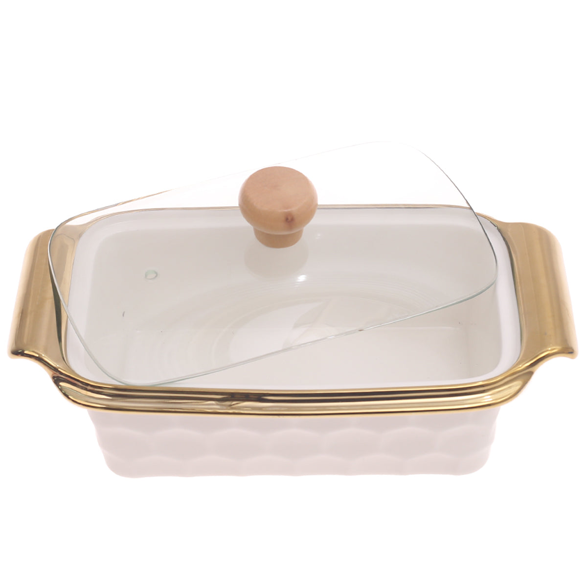 Serving Dish with Glass Lid – Gold Rim Design (4077) - Habitt