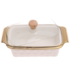 Serving Dish with Glass Lid – Gold Rim Design (4077) - Habitt