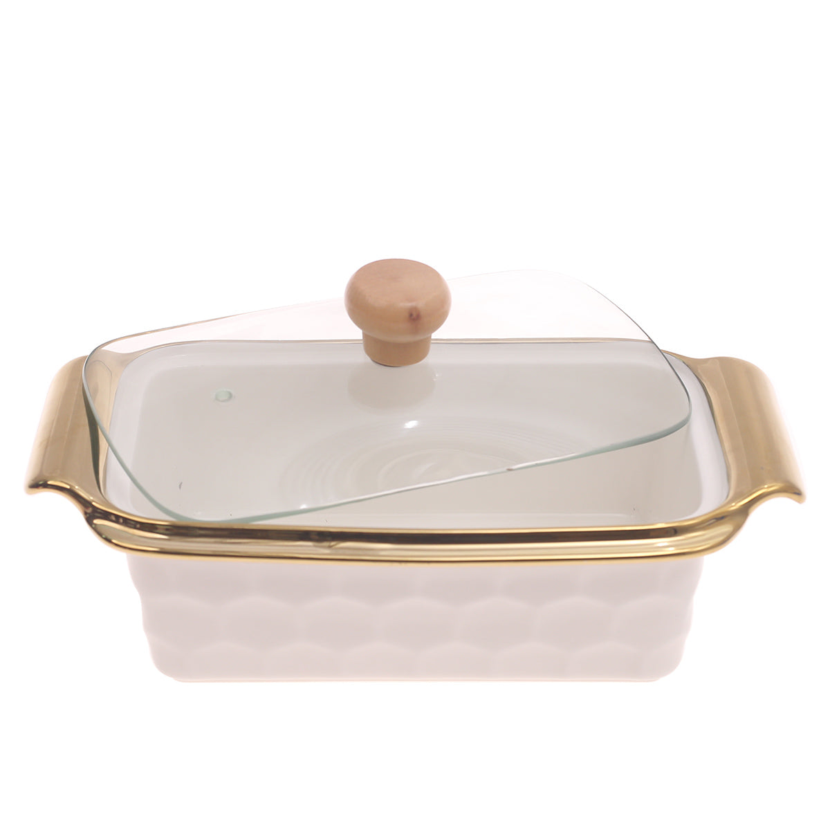 Serving Dish with Glass Lid – Gold Rim Design (4077) - Habitt