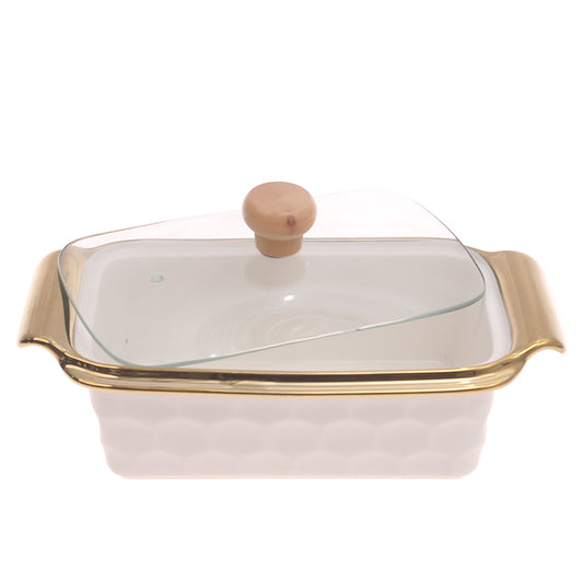 Serving Dish with Glass Lid – Gold Rim Design (4077) - Habitt