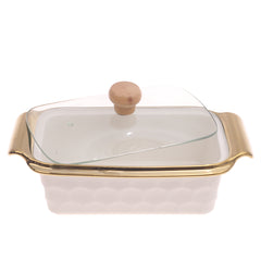 Serving Dish with Glass Lid – Gold Rim Design (4077) - Habitt