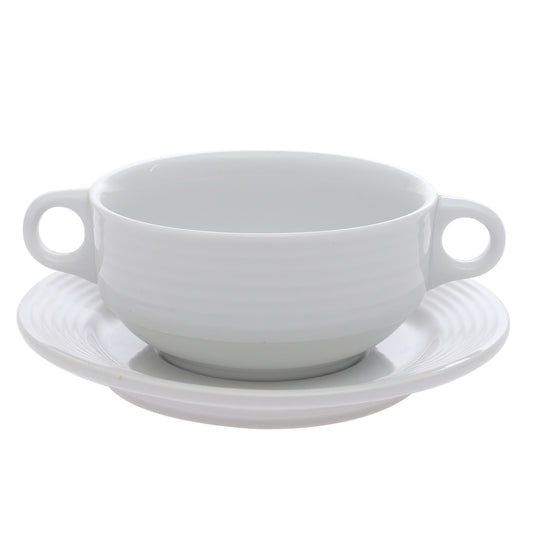 Porcelain Soup Cup with Saucer – Essence White Ribbed Design, Dishwasher & Microwave Safe - Habitt