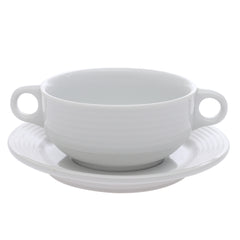 Porcelain Soup Cup with Saucer – Essence White Ribbed Design, Dishwasher & Microwave Safe - Habitt