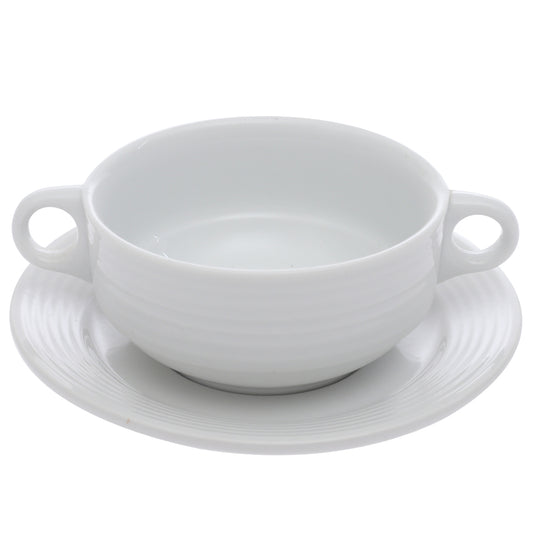 Porcelain Soup Cup with Saucer – Essence White Ribbed Design, Dishwasher & Microwave Safe - Habitt