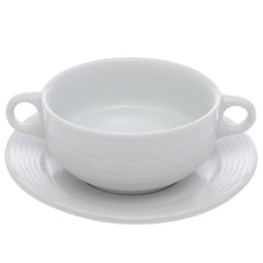 Porcelain Soup Cup with Saucer – Essence White Ribbed Design, Dishwasher & Microwave Safe - Habitt