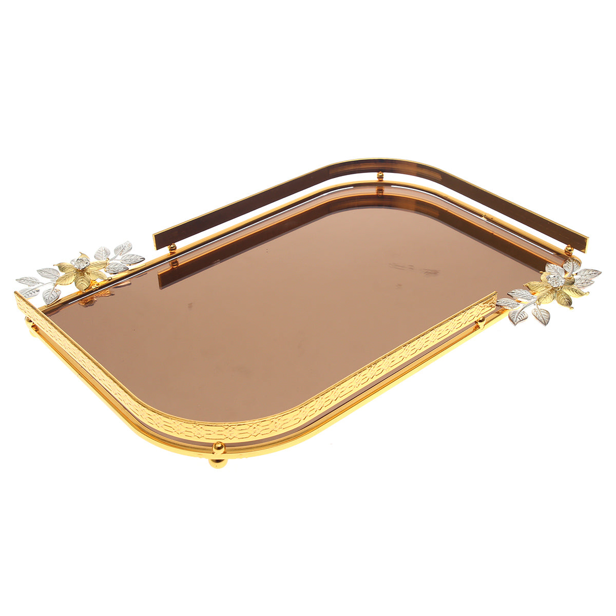 Luxury Vanity Dish – Large Rectangular Gold Tray with Floral Handles | Mirror Finish Decorative Tray (Model 131-2) - Habitt