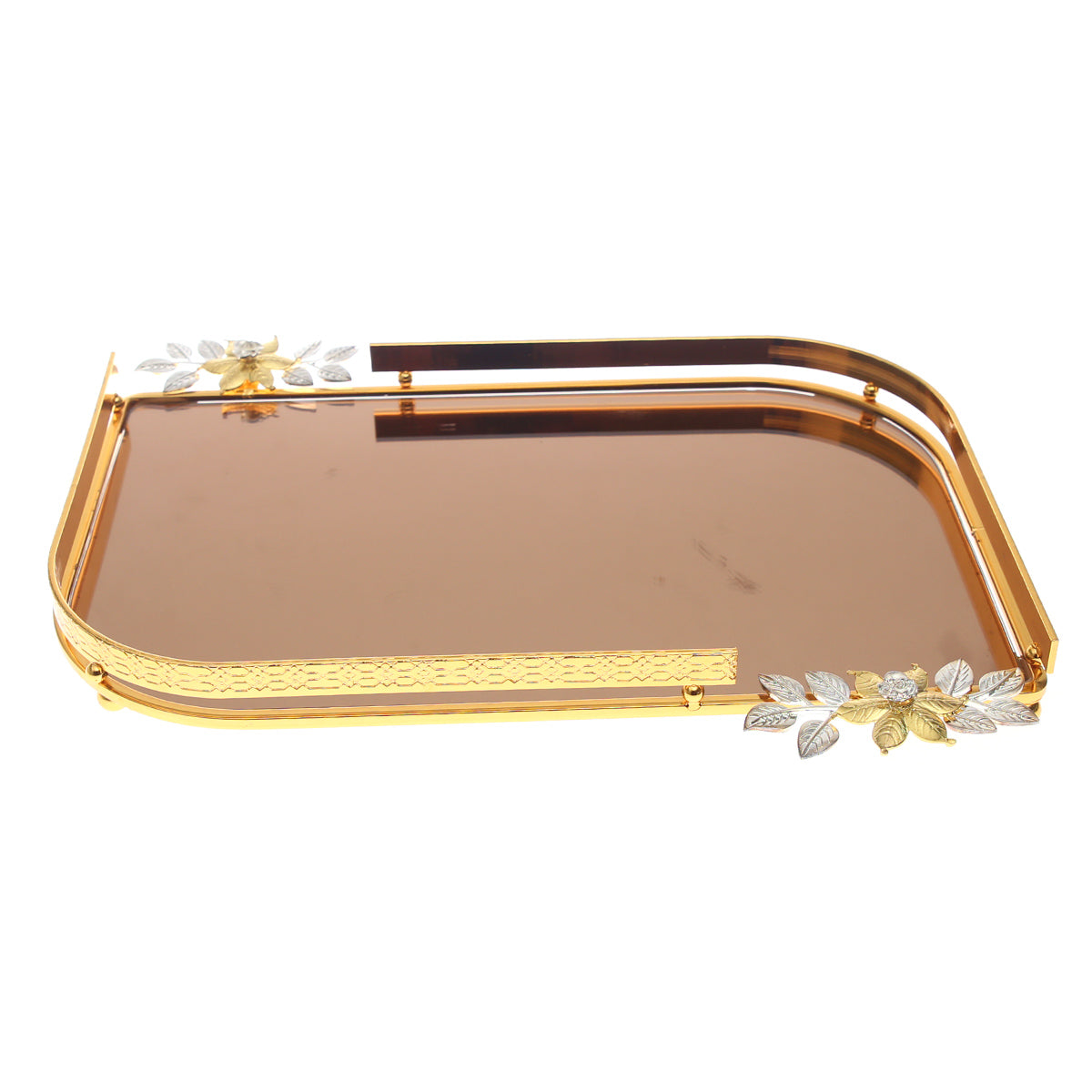 Luxury Vanity Dish – Large Rectangular Gold Tray with Floral Handles | Mirror Finish Decorative Tray (Model 131-2) - Habitt