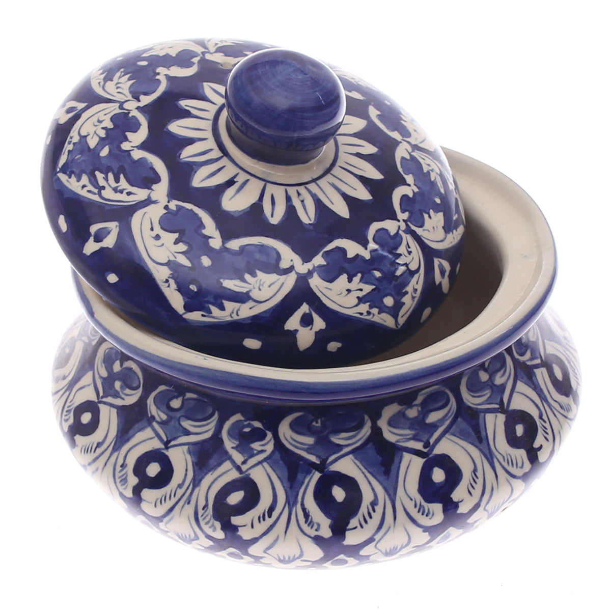 Blue Pottery Handi with Lid – Medium Size Traditional Ceramic Serving Bowl (Multi-Design) - Habitt