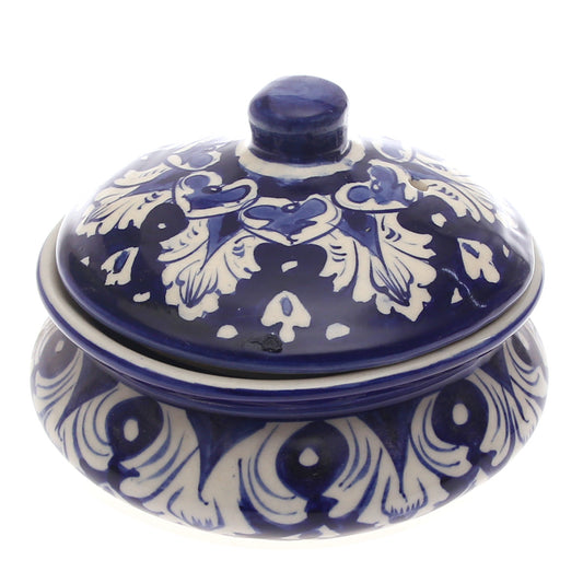 Blue Pottery Handi with Lid – Small Size Traditional Ceramic Serving Bowl (Multi-Design) - Habitt