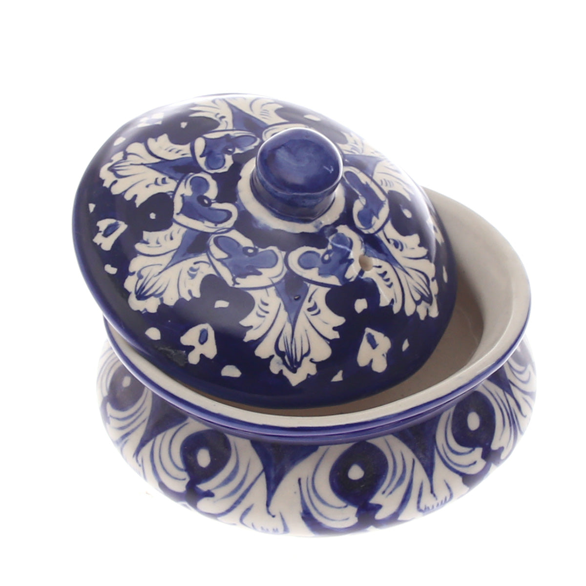 Blue Pottery Handi with Lid – Small Size Traditional Ceramic Serving Bowl (Multi-Design) - Habitt