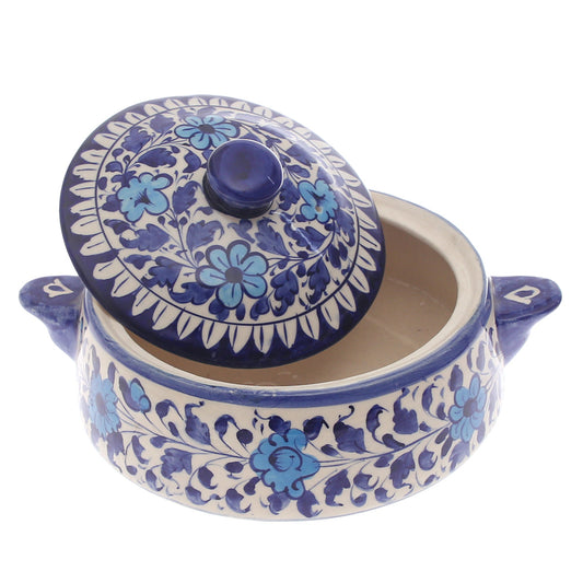 Blue Pottery Handle Handi with Lid – Medium Size Handcrafted Ceramic Serving Bowl (Multi-Design) - Habitt