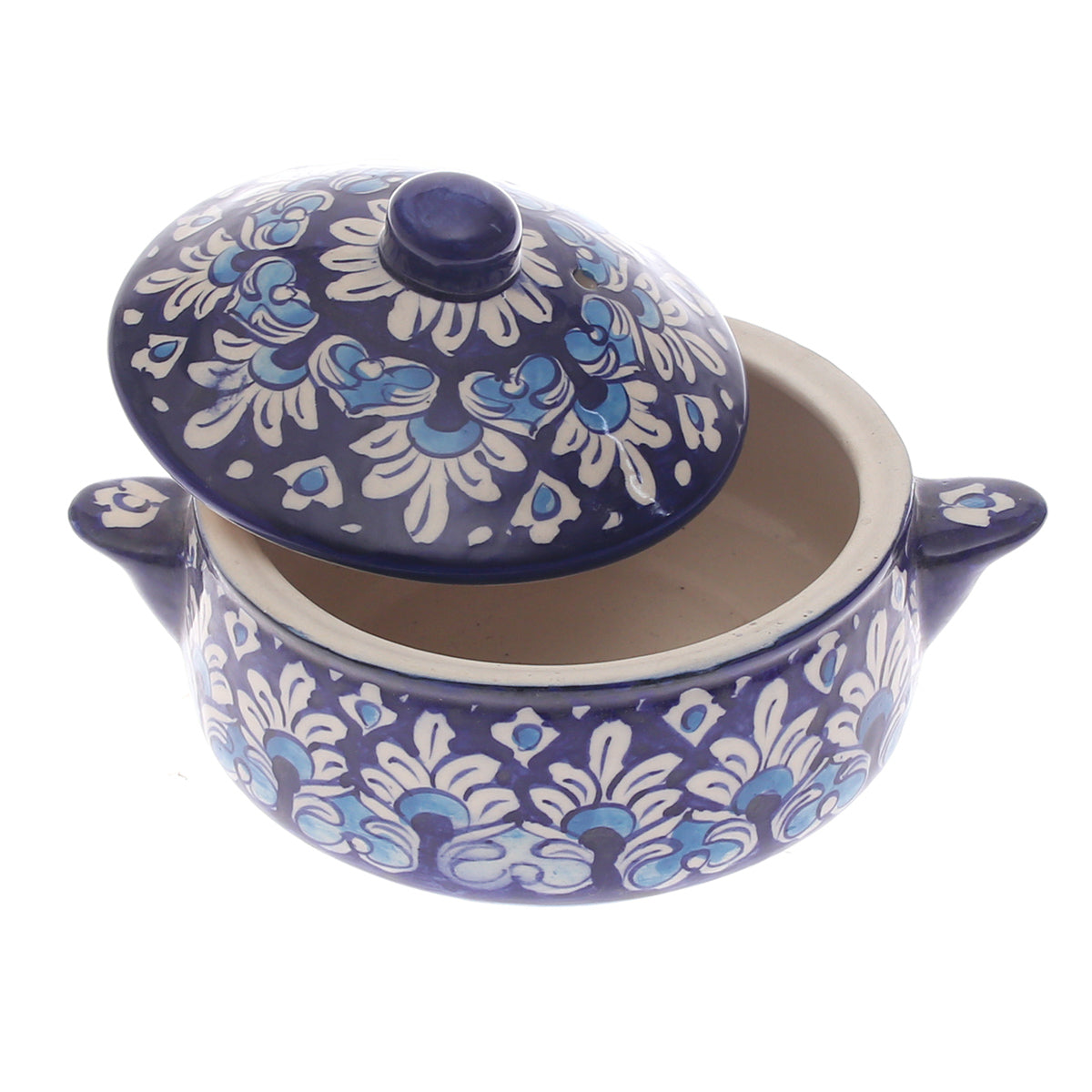 Blue Pottery Handle Handi with Lid – Small Size Handcrafted Ceramic Serving Bowl (Multi-Design) - Habitt