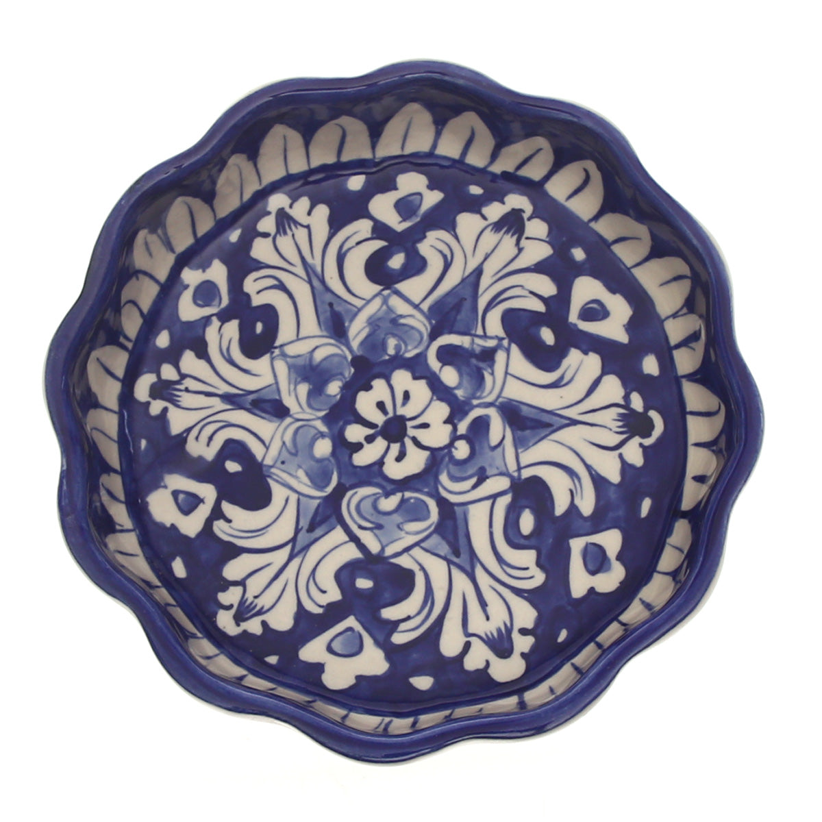 Blue Pottery Round Wavy Dish – Small Handcrafted Ceramic Serving Bowl (7773EE Design) - Habitt