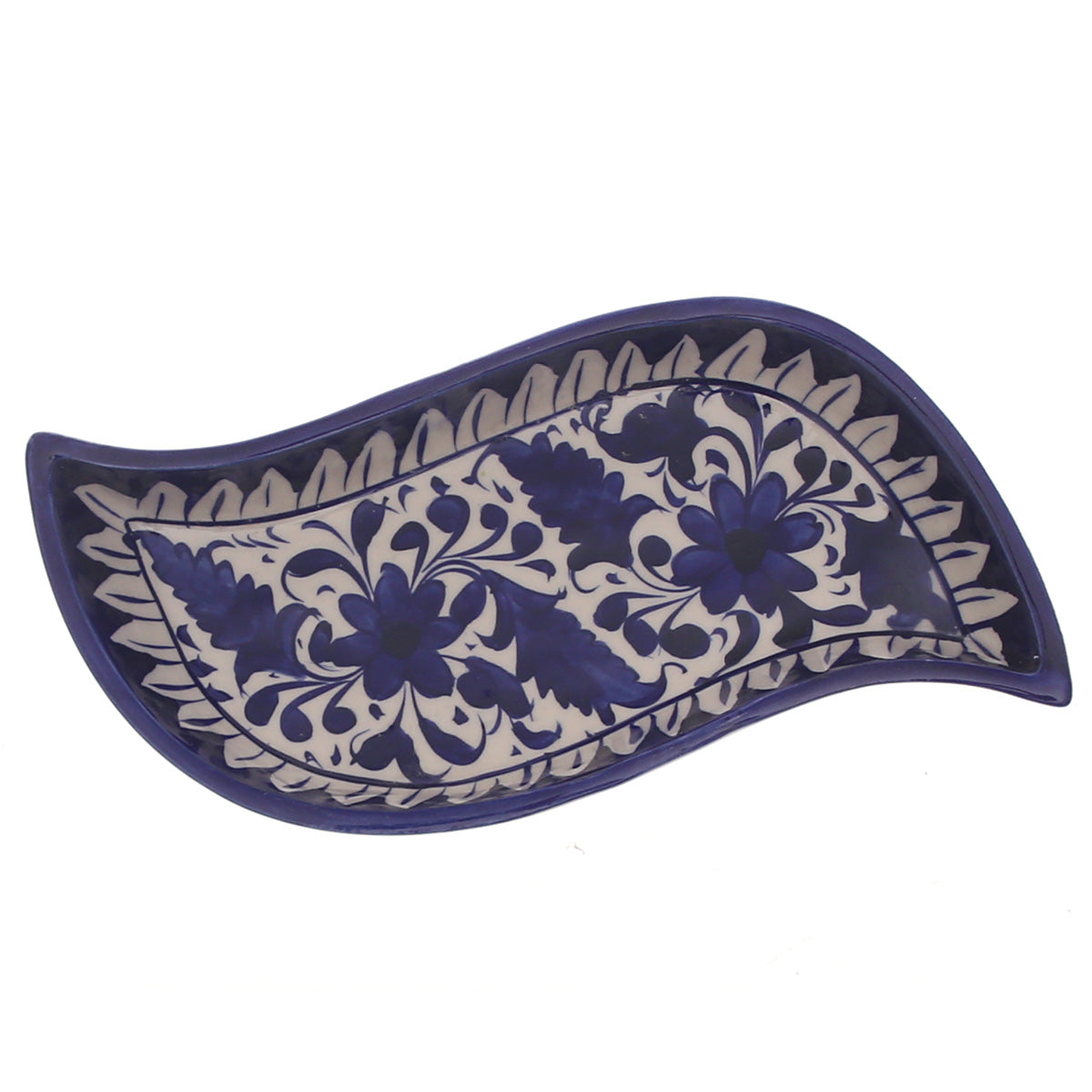 Handcrafted Blue Pottery Spiral Dish – Decorative Leaf-Shaped Serving Plate - Habitt
